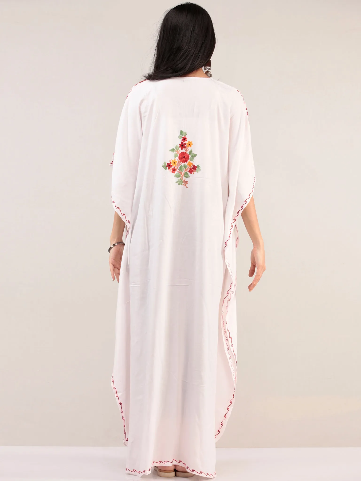 White Aari Embroidered Kashmere Free Size Kaftan  - K12K056