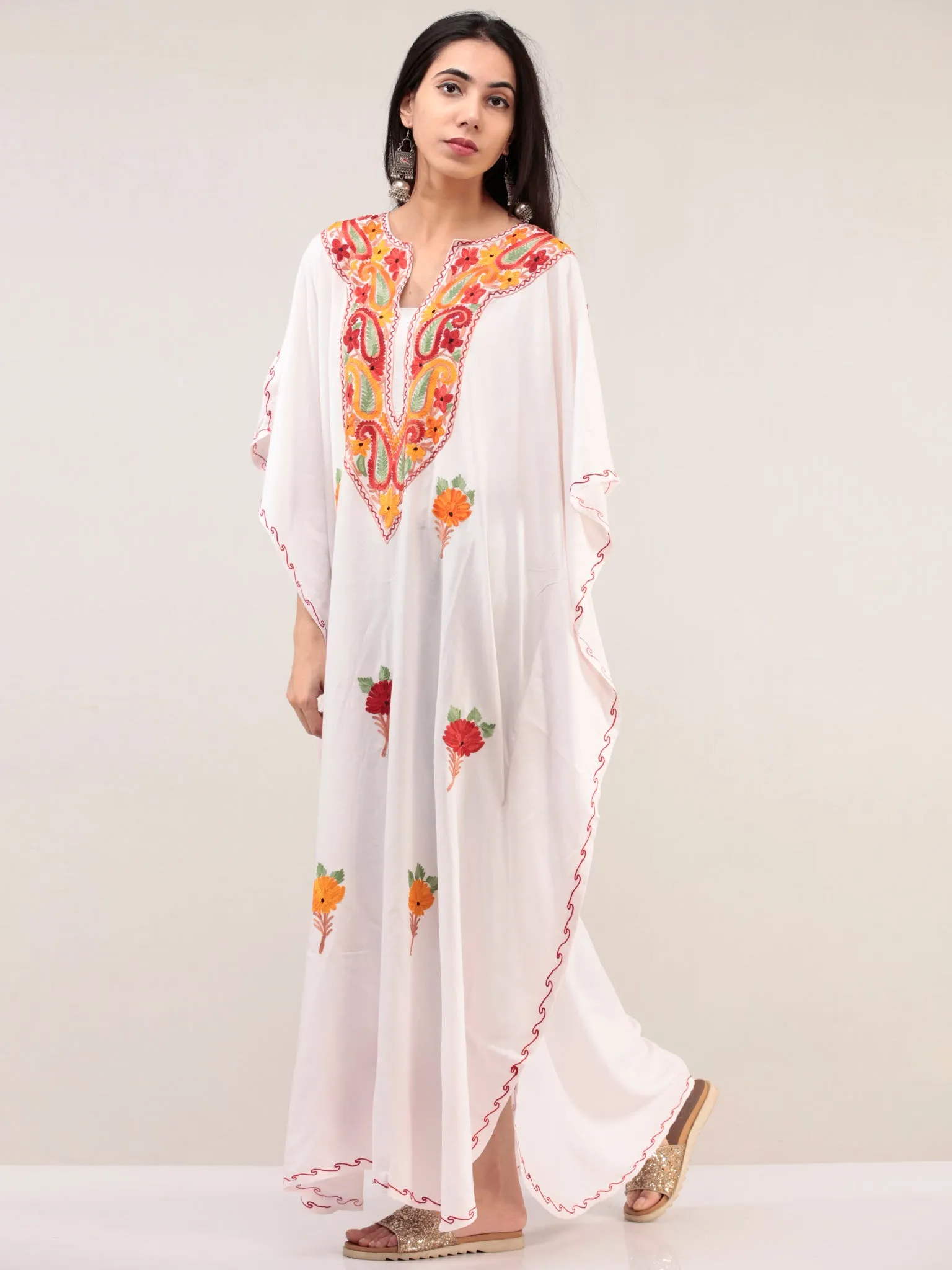 White Aari Embroidered Kashmere Free Size Kaftan  - K12K056