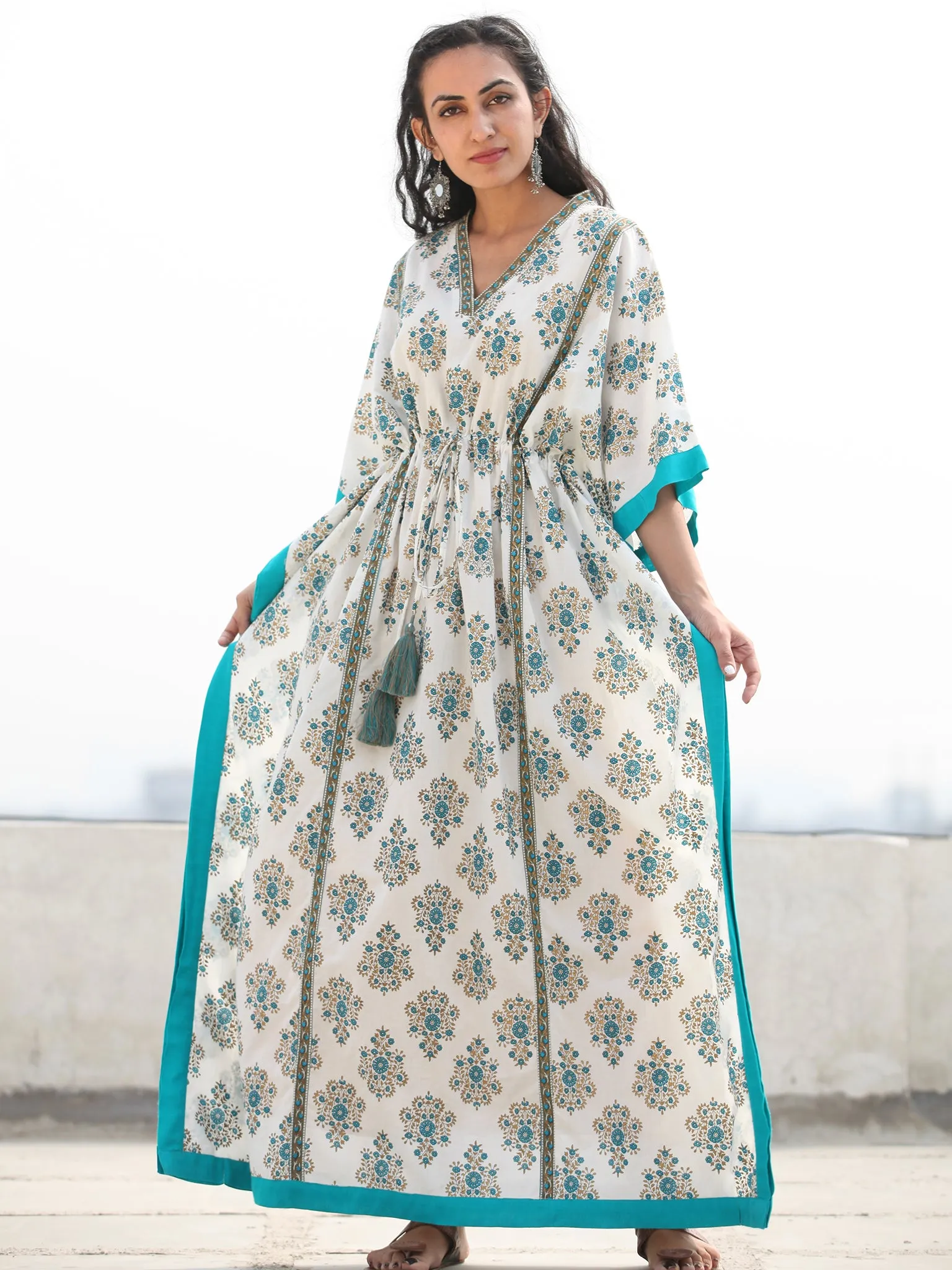 White Sky Blue Hand Block Printed Kaftan - K137F1889