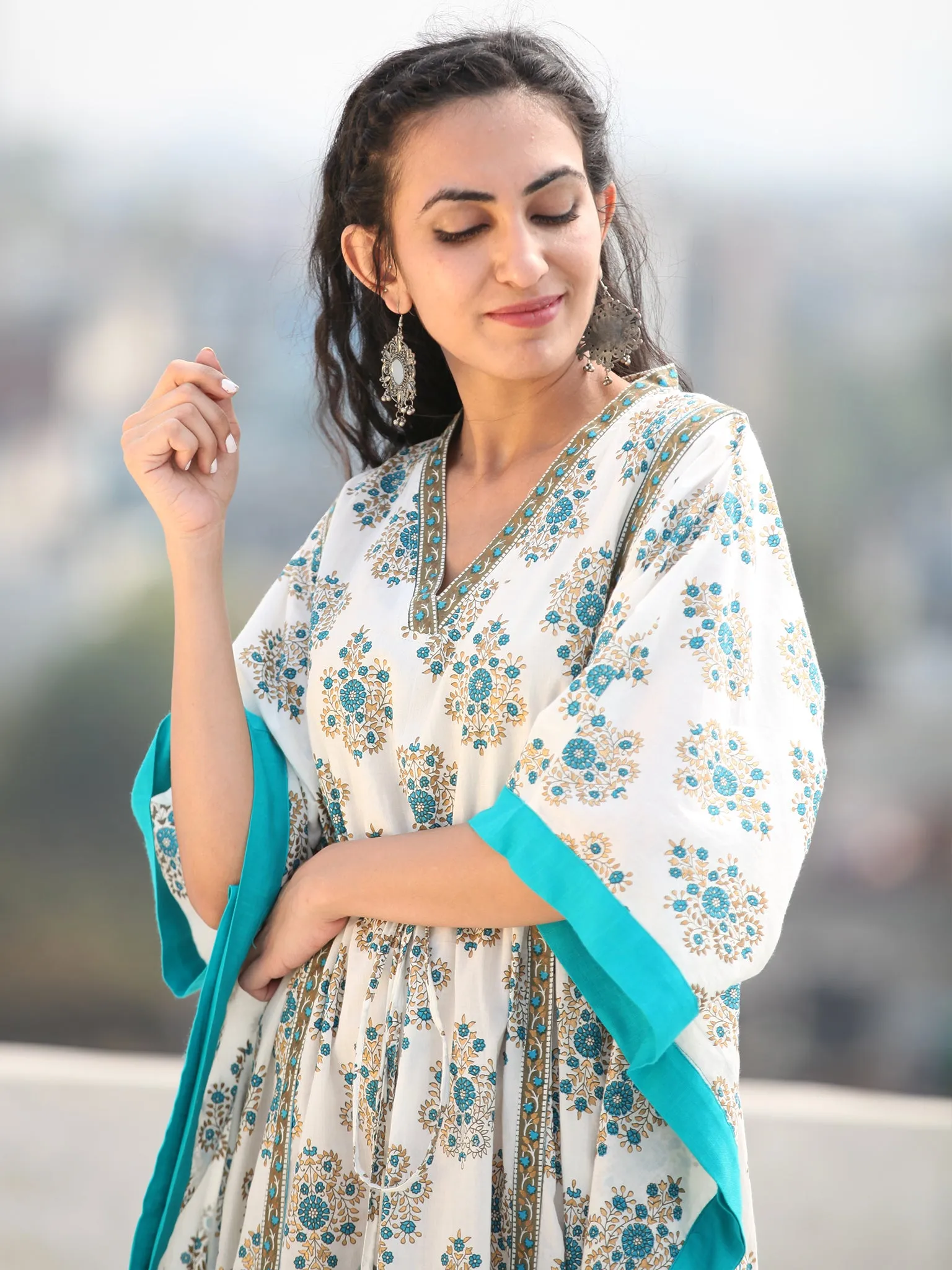 White Sky Blue Hand Block Printed Kaftan - K137F1889