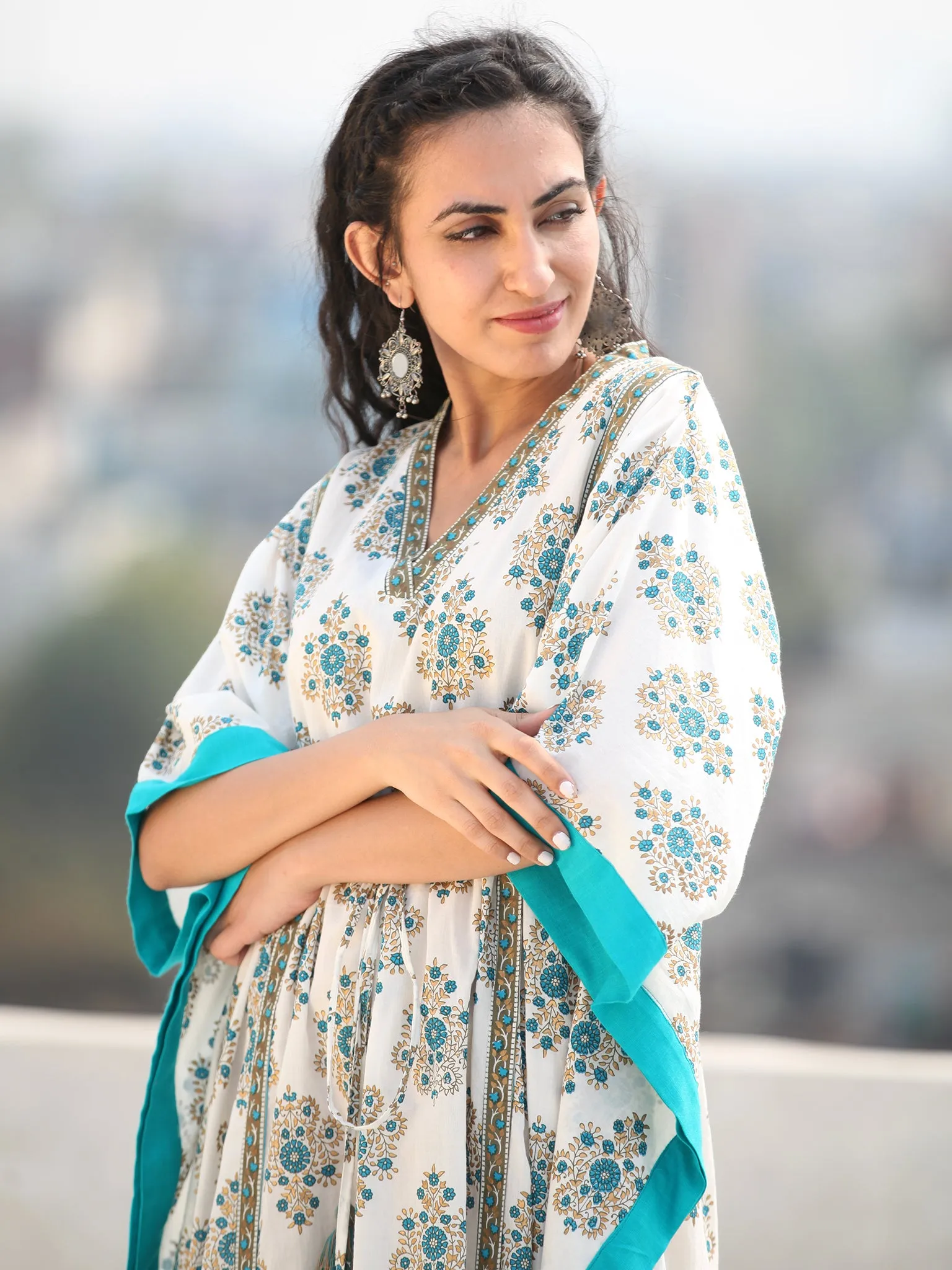 White Sky Blue Hand Block Printed Kaftan - K137F1889