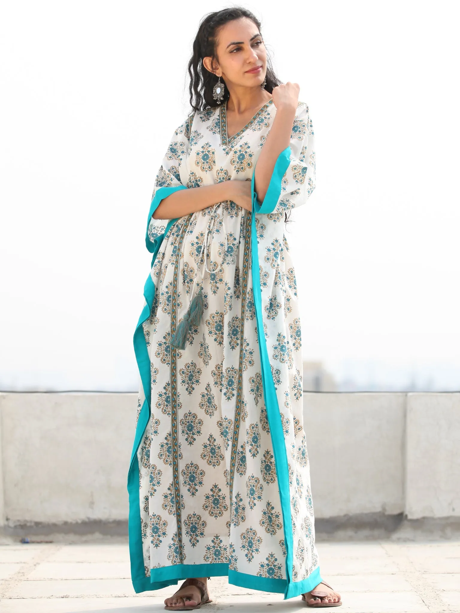 White Sky Blue Hand Block Printed Kaftan - K137F1889