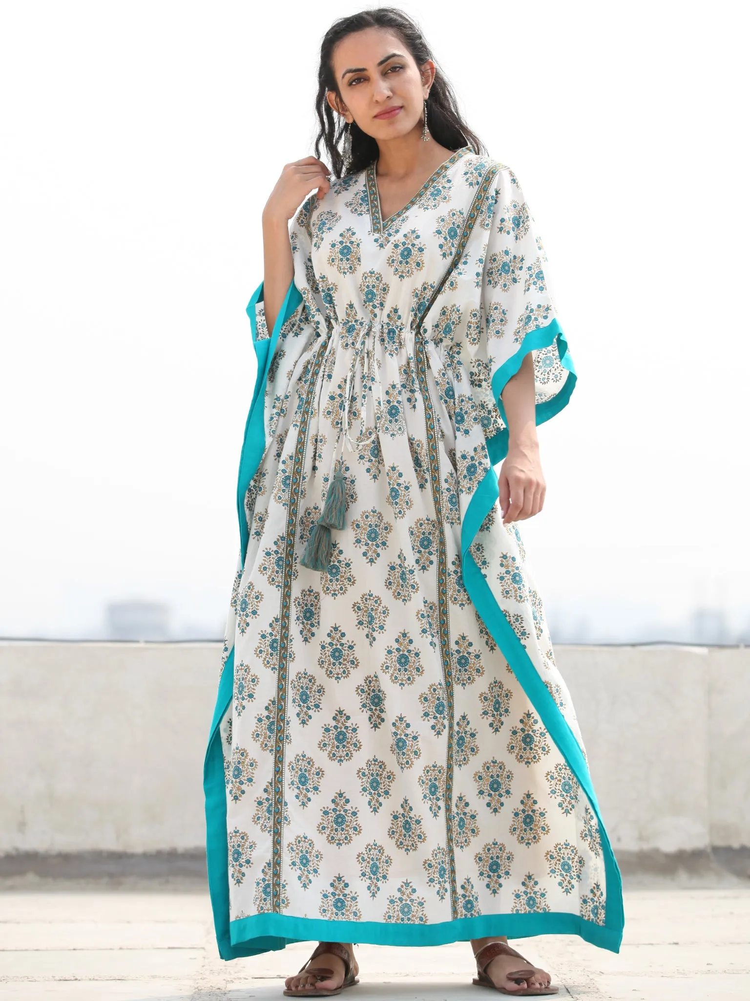 White Sky Blue Hand Block Printed Kaftan - K137F1889
