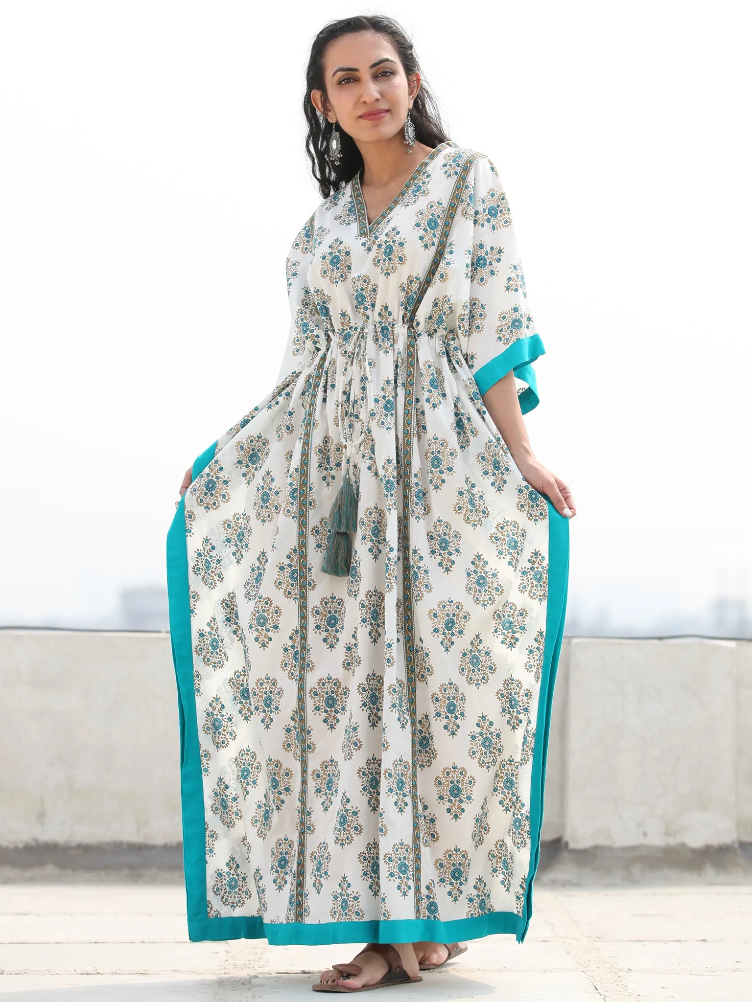 White Sky Blue Hand Block Printed Kaftan - K137F1889