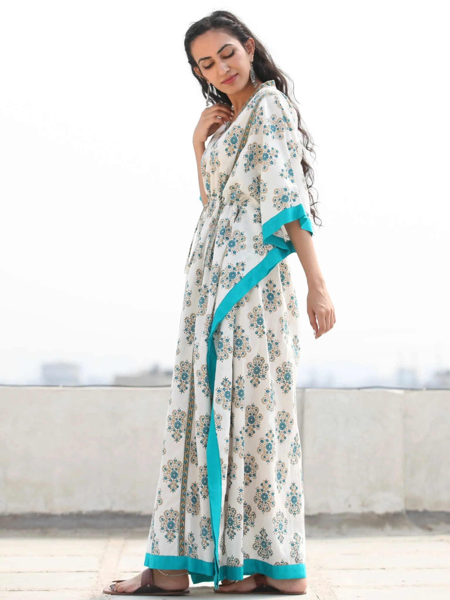 White Sky Blue Hand Block Printed Kaftan - K137F1889
