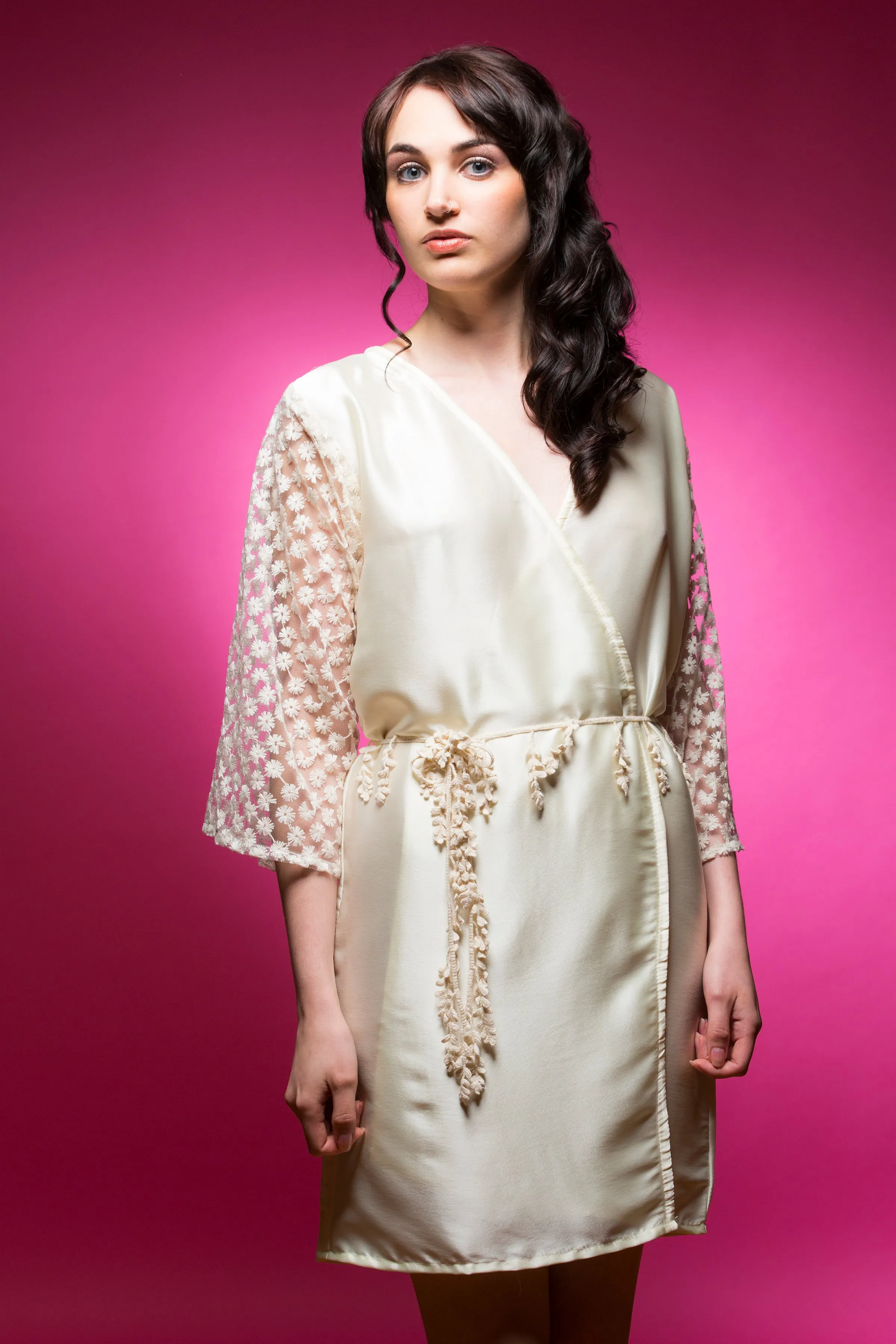 Winter White Satin Robe with Brasso Sleeves