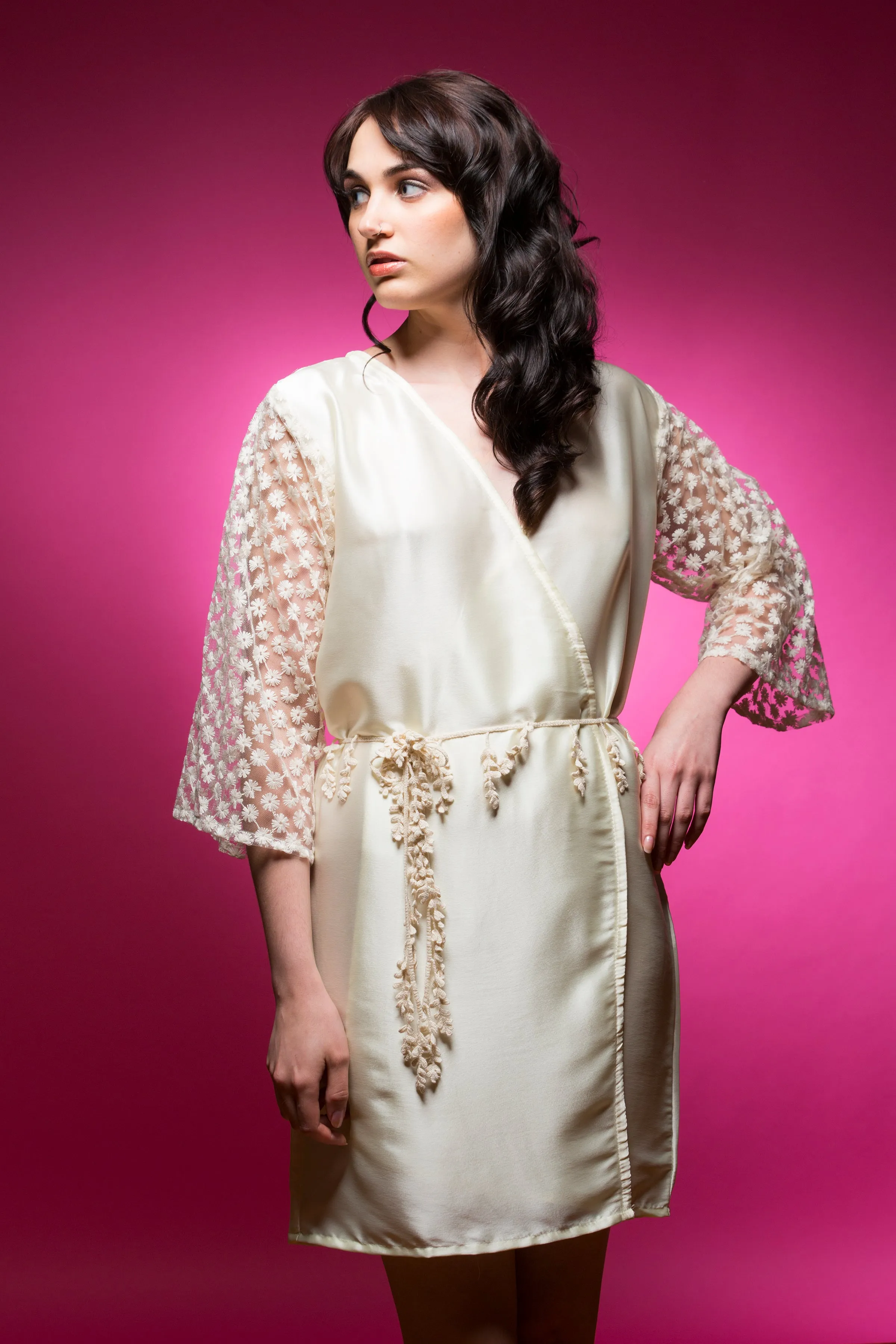 Winter White Satin Robe with Brasso Sleeves