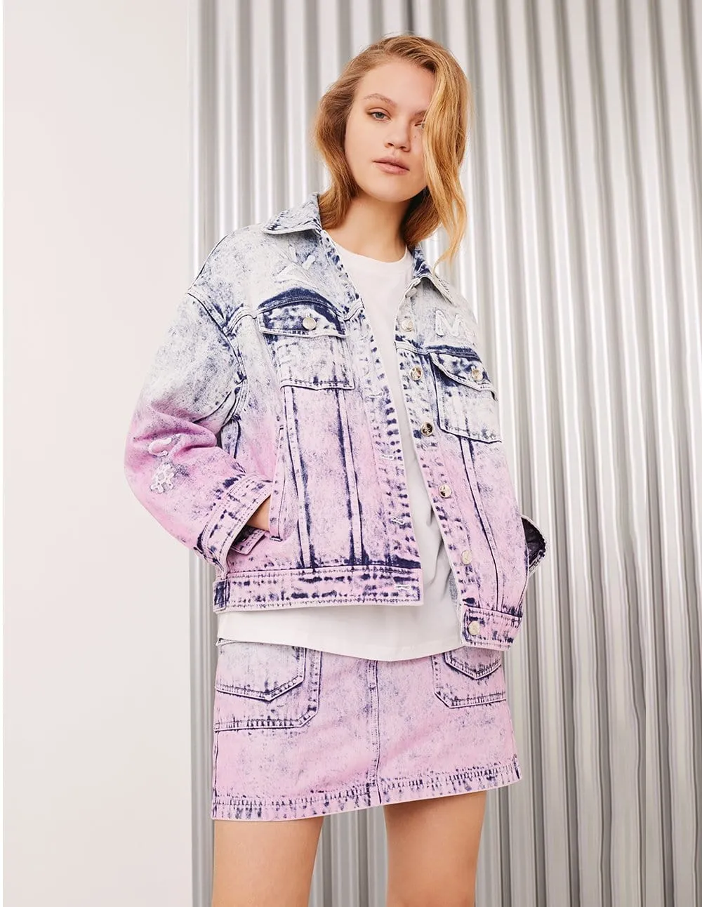 Women Mf Passion Flamingo Contrast Color Washed Denim Jacket
